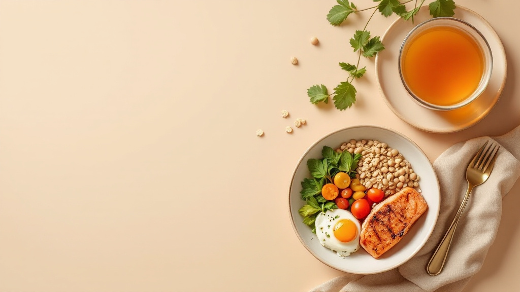 Conceptual illustration of the most effective natural appetite suppressants — lean protein, high-fiber foods, water-rich vegetables and restful sleep — on a warm cream background, representing what actually curbs appetite