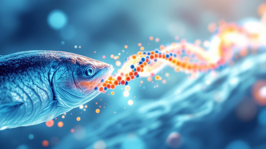 A salmon releasing a chain of bioactive peptide molecules — short amino-acid fragments streaming outward