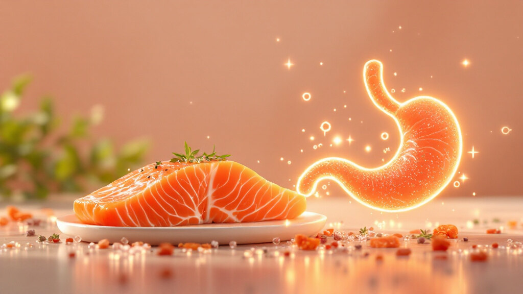 Illustration of how protein keeps you full — it slows stomach emptying, raises the fullness hormones GLP-1, PYY and CCK, and lowers the hunger hormone ghrelin — on a warm cream background