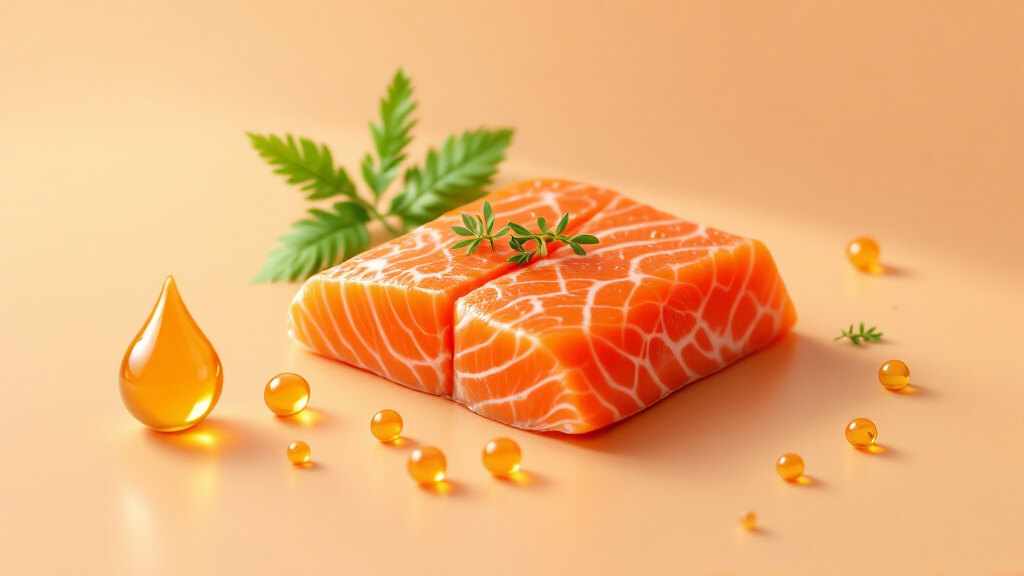 Illustration of how salmon supports weight loss — high-protein fillet with omega-3s that boost fullness hormones and preserve lean muscle, on a warm cream background