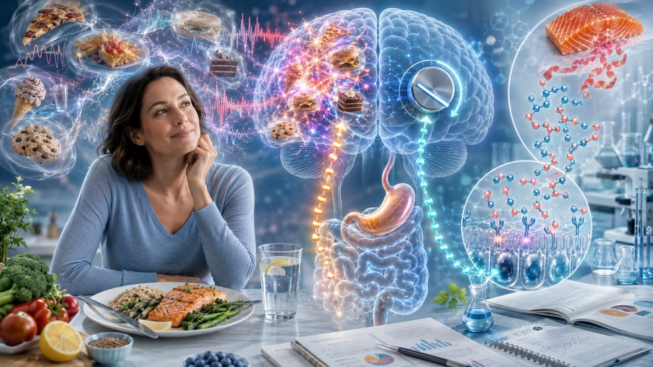 Food noise as a volume knob on the brain — junk-food chatter turned down as the gut's fullness signal and salmon peptides turn it quiet