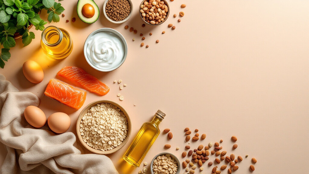 A plate of foods research links to a stronger natural GLP-1 response: salmon and seafood, eggs, Greek yogurt, oats and barley, beans and lentils, olive oil, avocado, and nuts