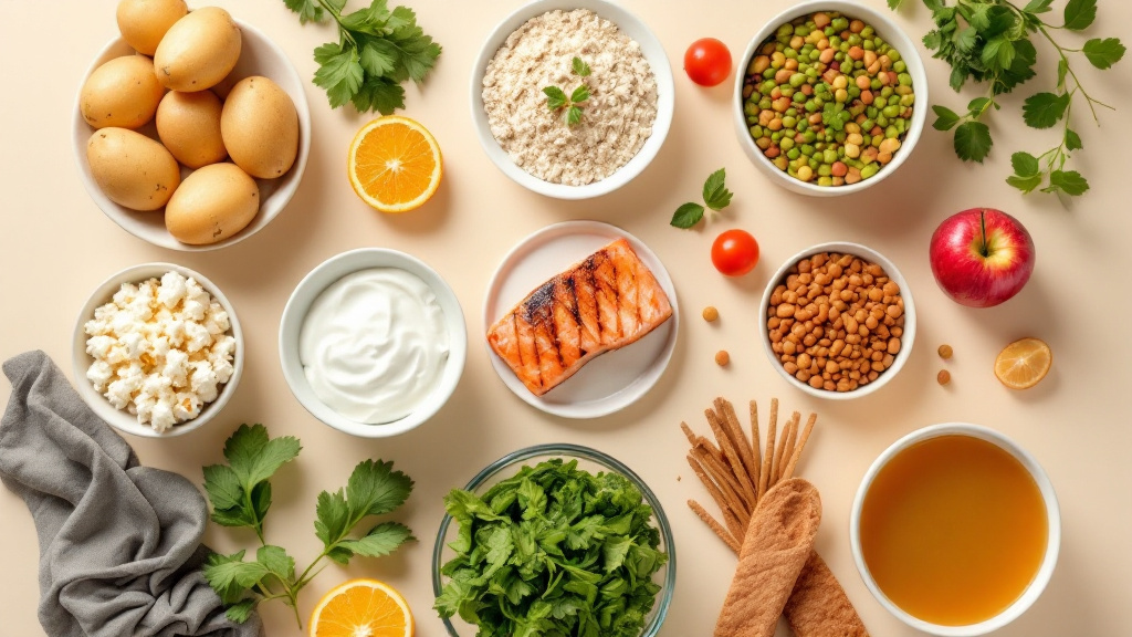 Conceptual illustration of the most filling foods — potatoes, eggs, oats, fish, beans, Greek yogurt and vegetables — arranged on a warm cream background, representing high-satiety foods that keep you full