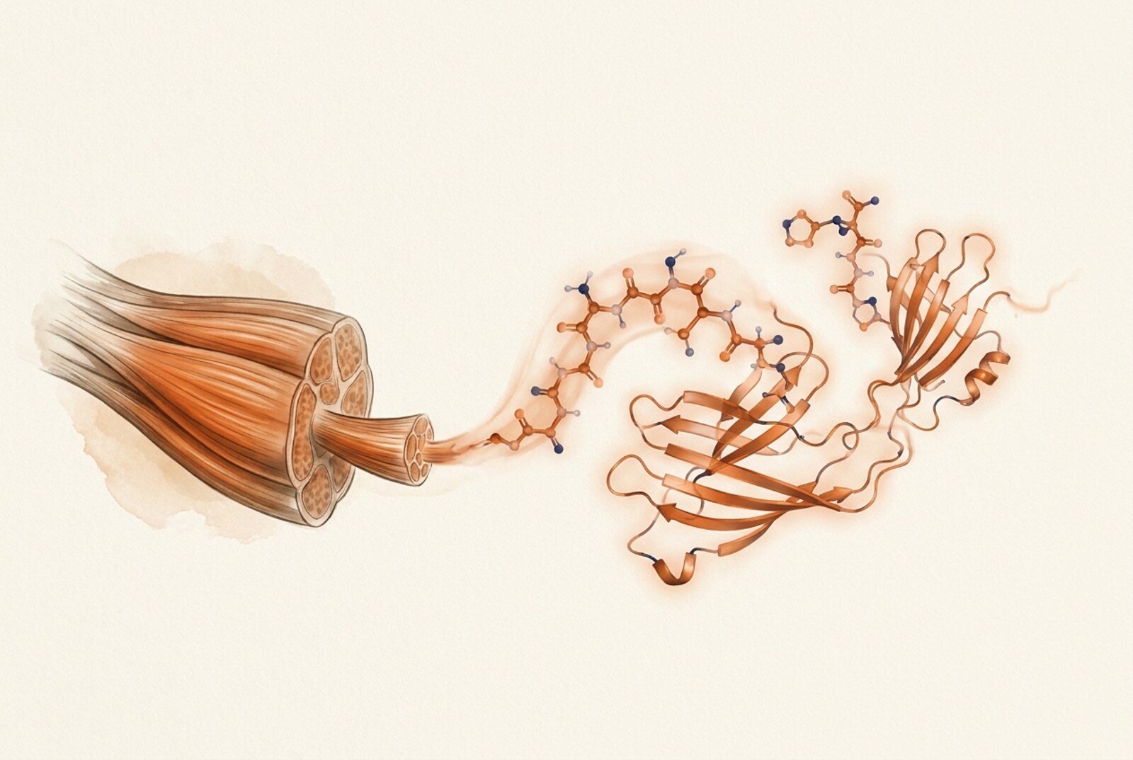 Anatomical illustration of a bundle of skeletal muscle fibers on the left with molecular protein and peptide chains flowing from it, illustrating protecting lean mass during GLP-1 weight loss