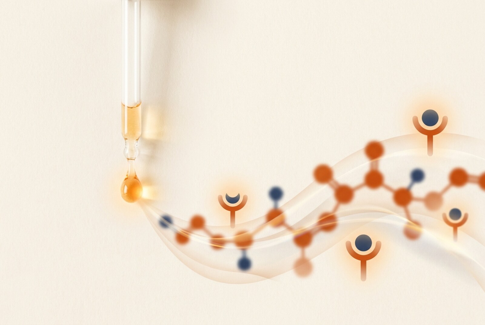 A glass dropper releasing a single luminous amber droplet with abstract molecular peptide chains rising from it, illustrating sublingual GLP-1 support drops