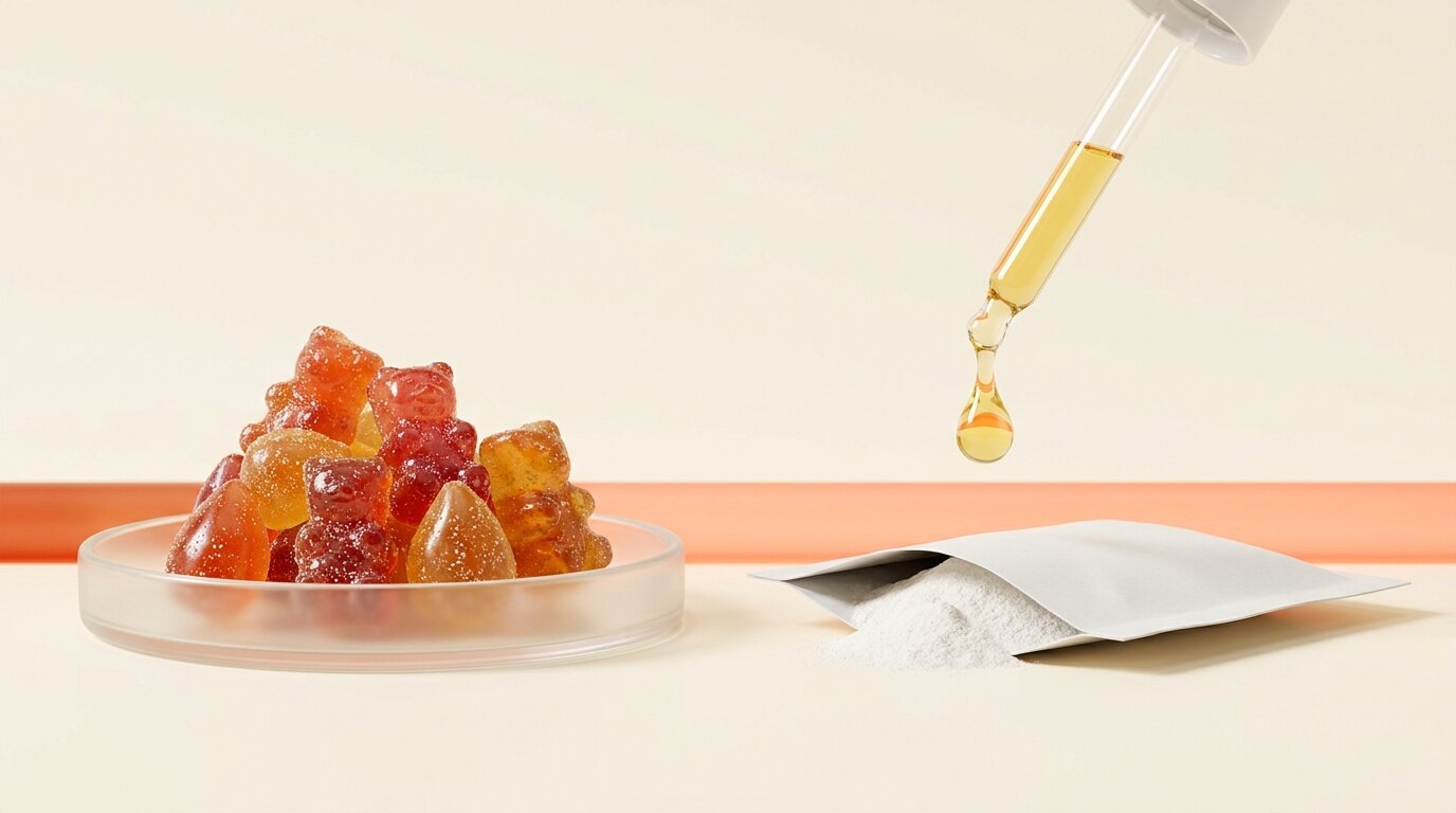 A GLP-1 gummy is a delivery format, not an ingredient: sugary chewable candies on one side versus clean peptide drops and a dissolvable sachet on the other, illustrating that what's inside and how honestly it's labeled matters more than the format