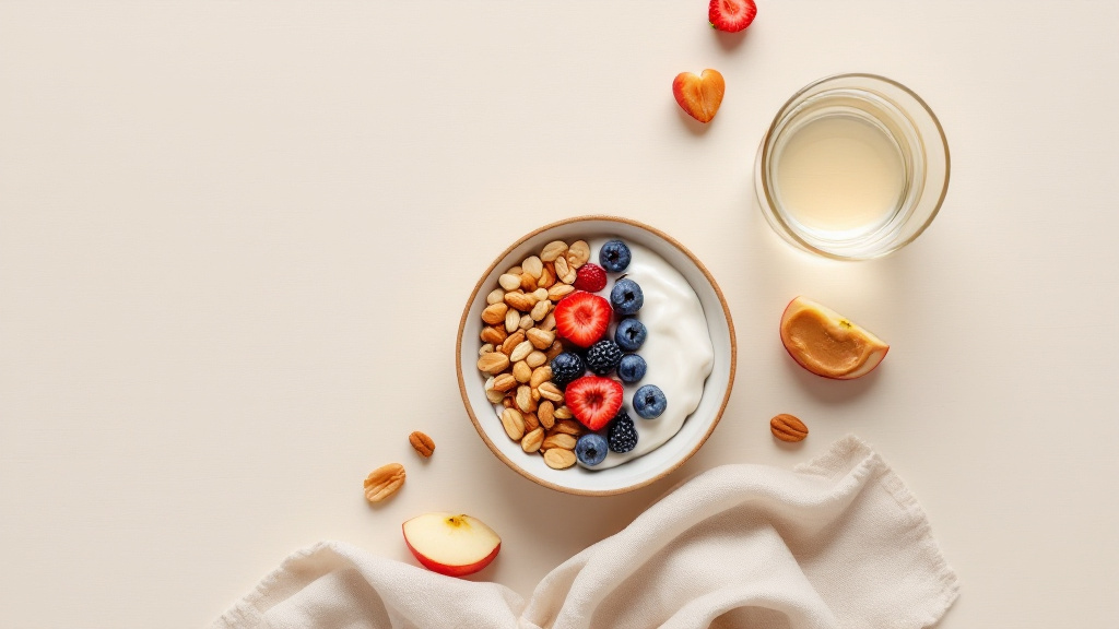 Conceptual illustration of a steady, balanced plate — protein, vegetables, whole grains and a handful of nuts — beside a glass of water on a warm cream background, representing natural ways to reduce sugar cravings by steadying blood sugar