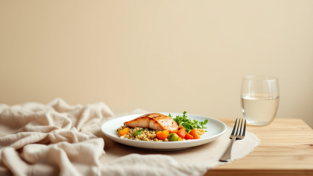 Conceptual illustration of a calm, moderate meal — a right-sized plate with protein, vegetables and a glass of water, eaten slowly at a set table — on a warm cream background, representing natural ways to stop eating so much
