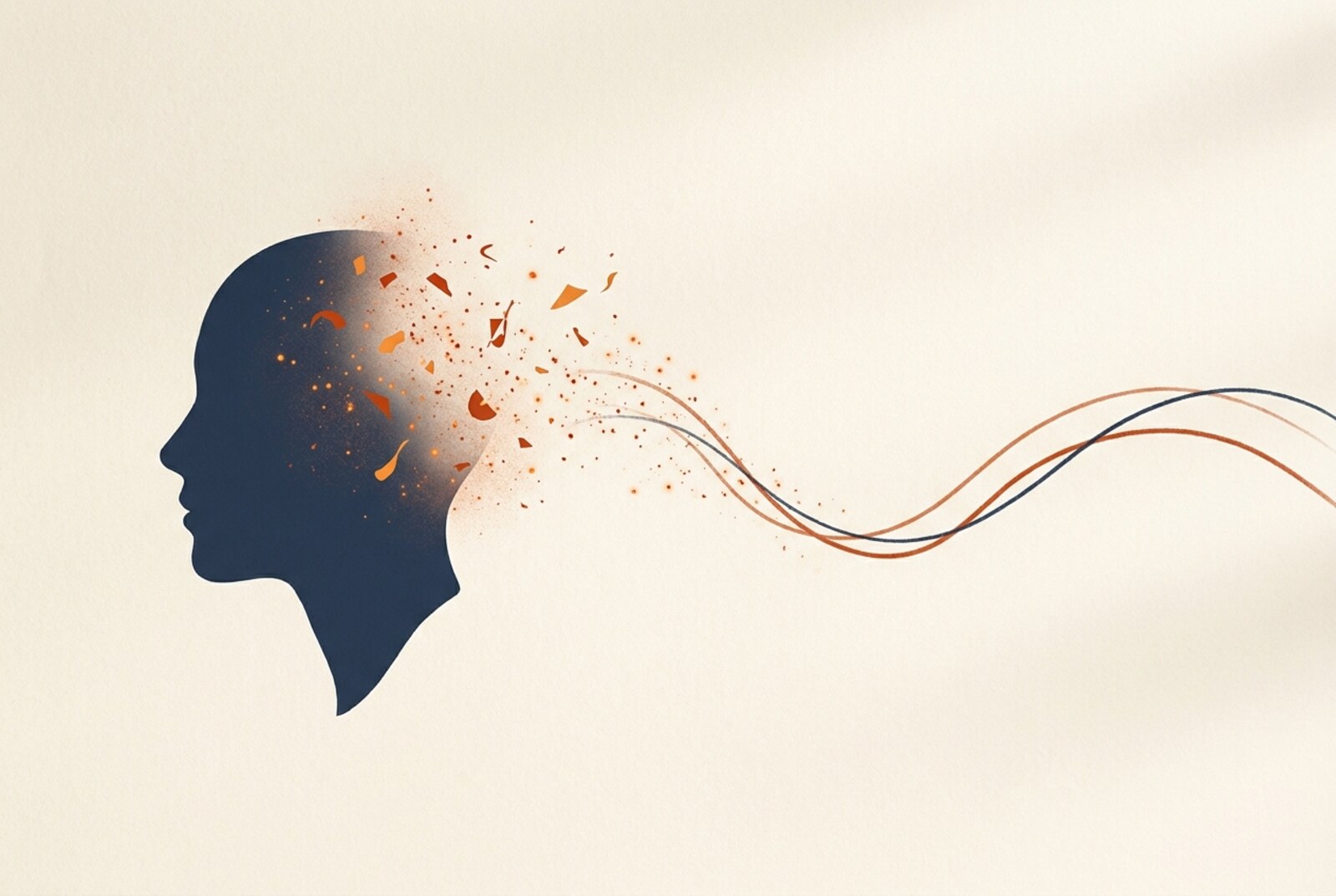 A calm profile silhouette of a head with scattered chaotic particles settling into a smooth quiet flowing line, illustrating quieting food noise