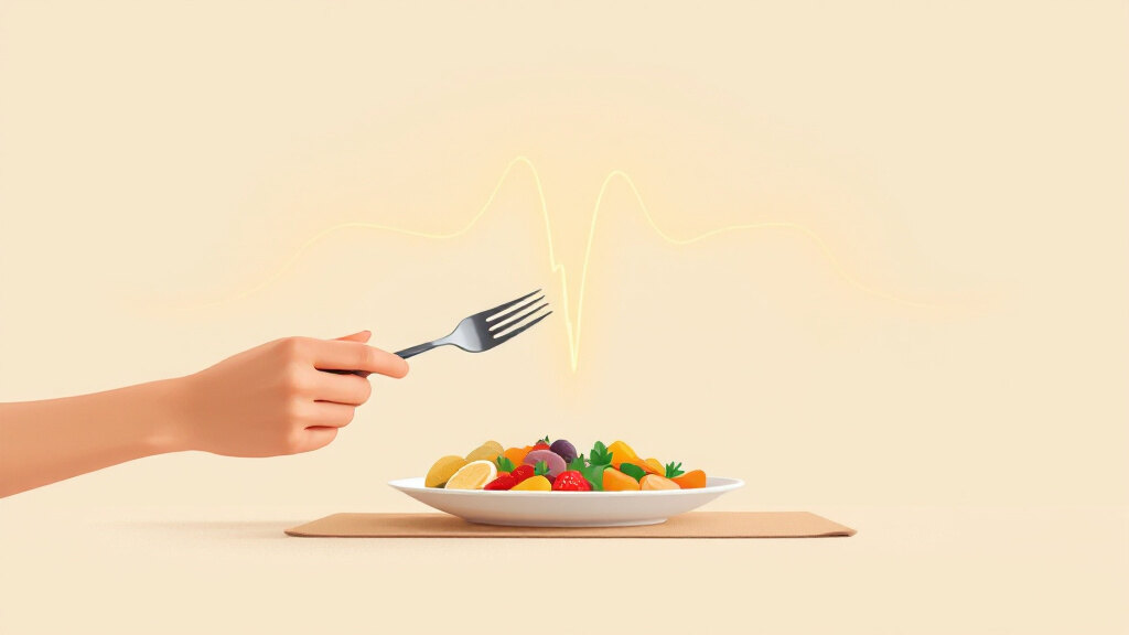 Conceptual illustration of calm balanced satiety and portion awareness quieting the urge to overeat, on a warm cream background, representing natural ways to stop overeating