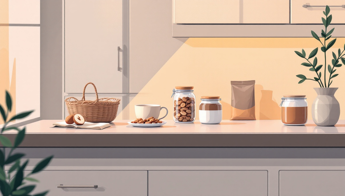 Conceptual illustration of a calm kitchen with snacks tucked out of sight and a sense of steady fullness, on a warm cream background, representing natural ways to stop snacking