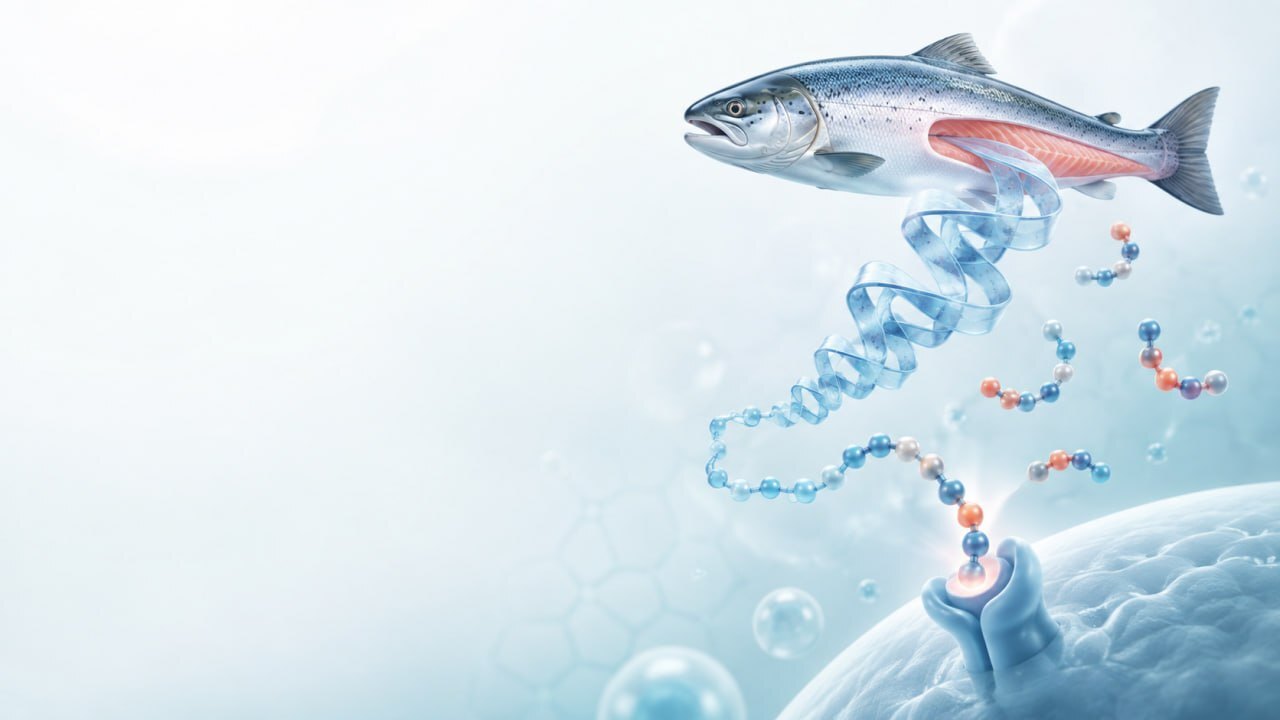Atlantic salmon and bioactive peptide chains reaching a cell receptor