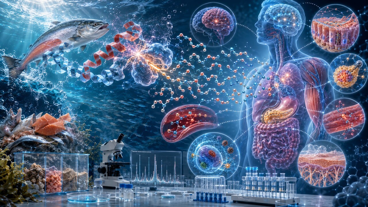 Atlantic salmon and bioactive peptide chains reaching a cell receptor