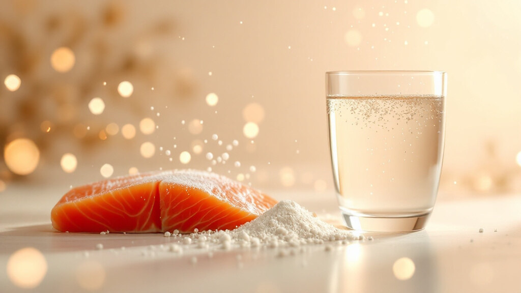 Illustration of how marine collagen supports weight loss — fish-derived collagen peptides that add filling protein and, with resistance training, help preserve lean muscle inside a calorie deficit, on a warm cream background