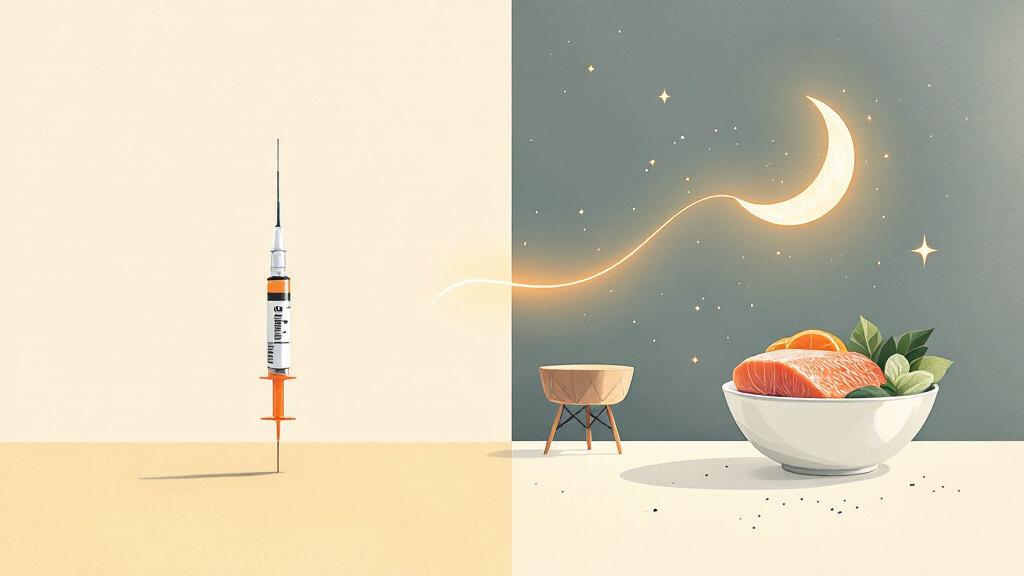 Conceptual illustration contrasting a prescription GLP-1 injection with needle-free natural levers - protein, salmon peptides, sleep - that support the body's own GLP-1 satiety pathway, on a warm cream background