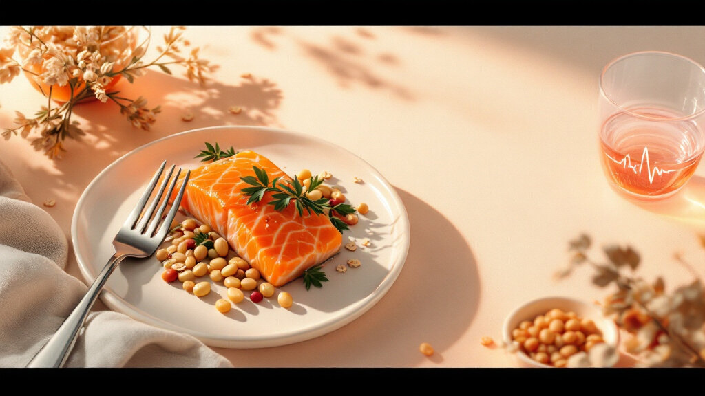 Natural appetite support illustrated: a salmon fillet, a glass of water, and fiber-rich whole foods around a soft glowing gut-signal motif, showing that protein, fiber, water and sleep raise the body's own fullness hormones rather than a pill switching off hunger