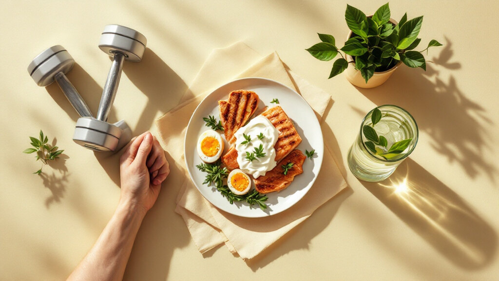 Conceptual illustration of what actually raises metabolism — building muscle through resistance training, protein-rich food, all-day movement, and avoiding crash diets — on a warm cream background