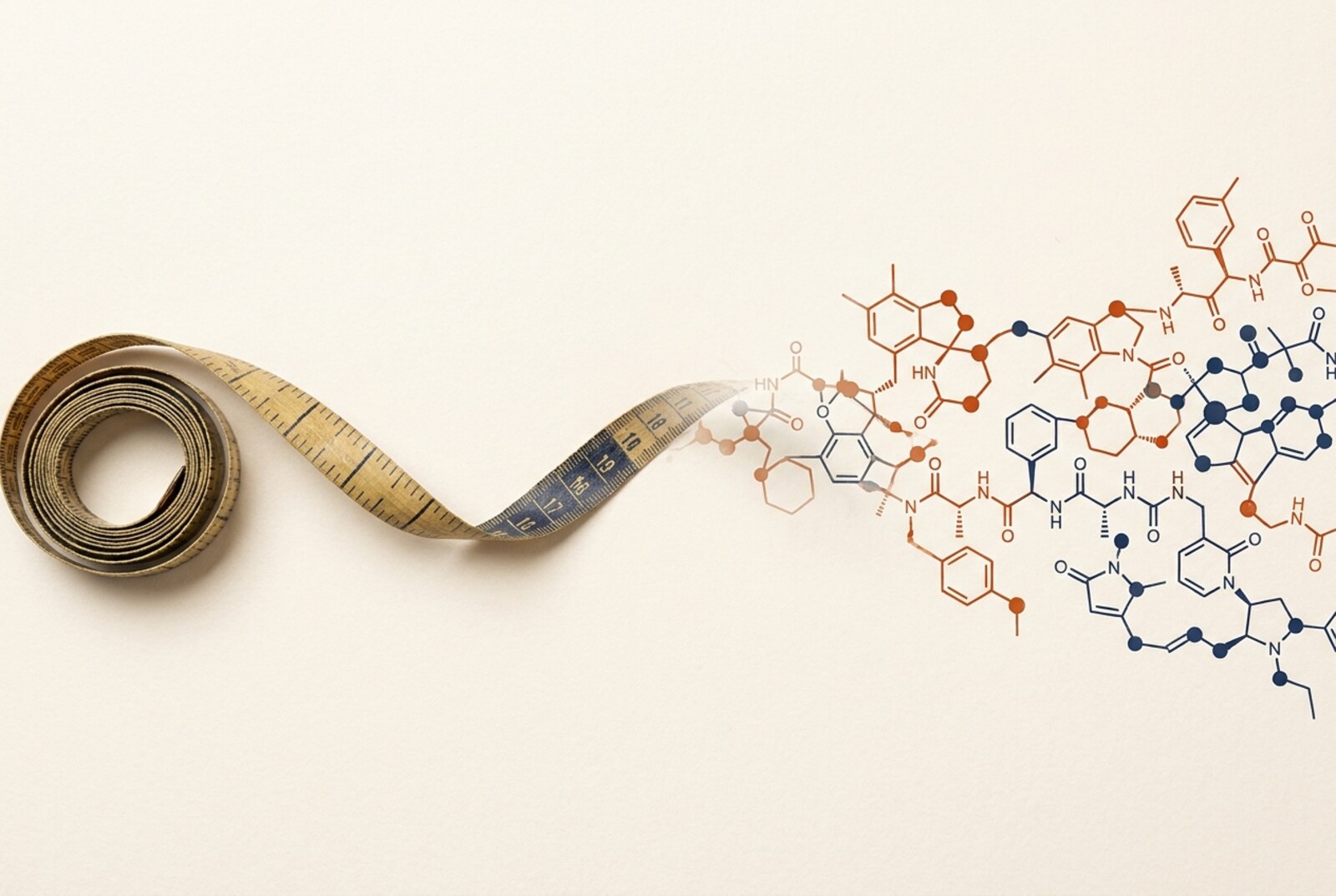 A tailor's tape measure curling into flowing molecular peptide chains — peptides and body composition, no spot reduction