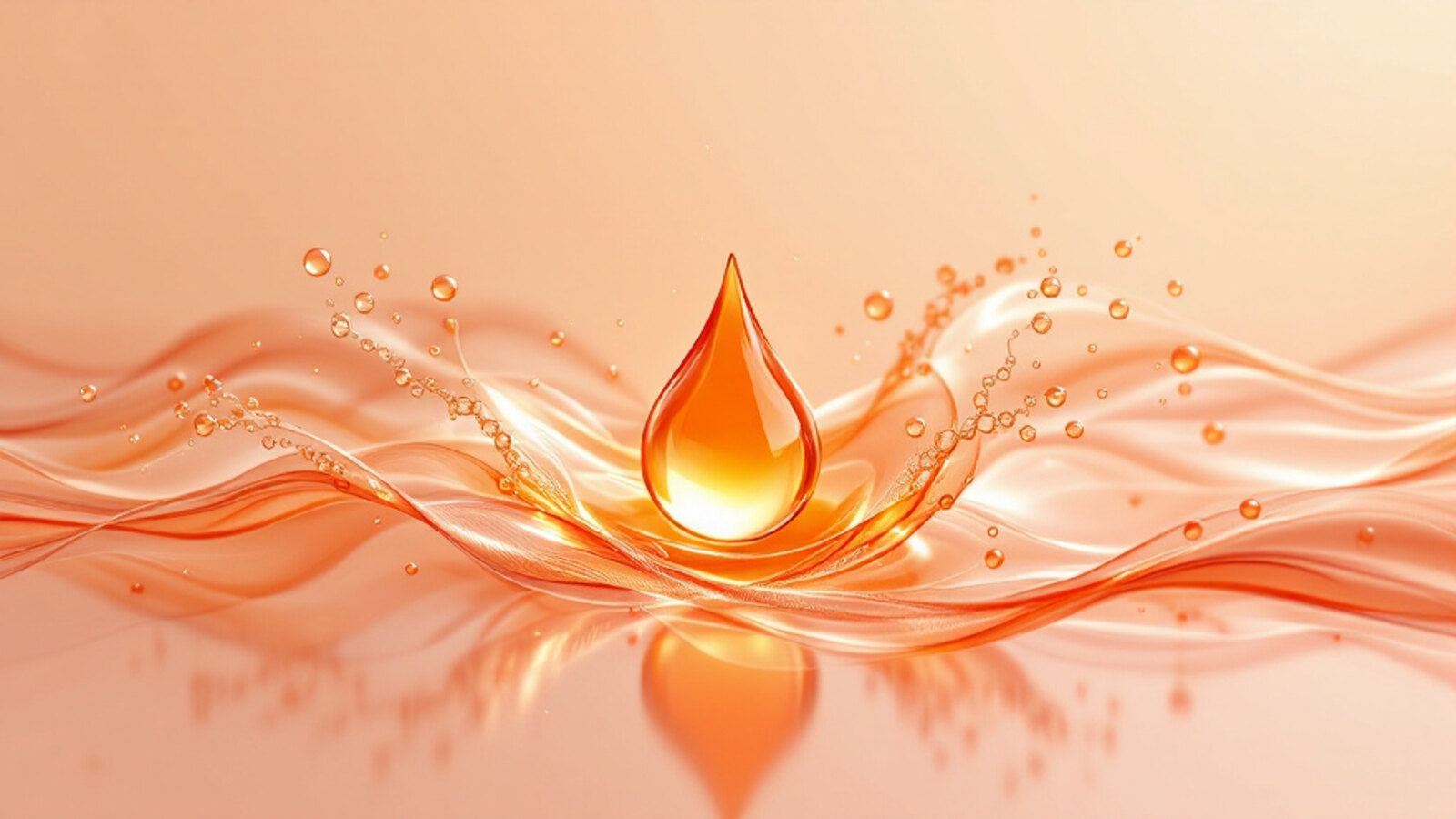 Conceptual illustration of a glowing amber salmon-oil droplet dispersing into flowing molecular peptide chains on a warm cream background, representing salmon peptides benefits for appetite, body composition and metabolic signaling