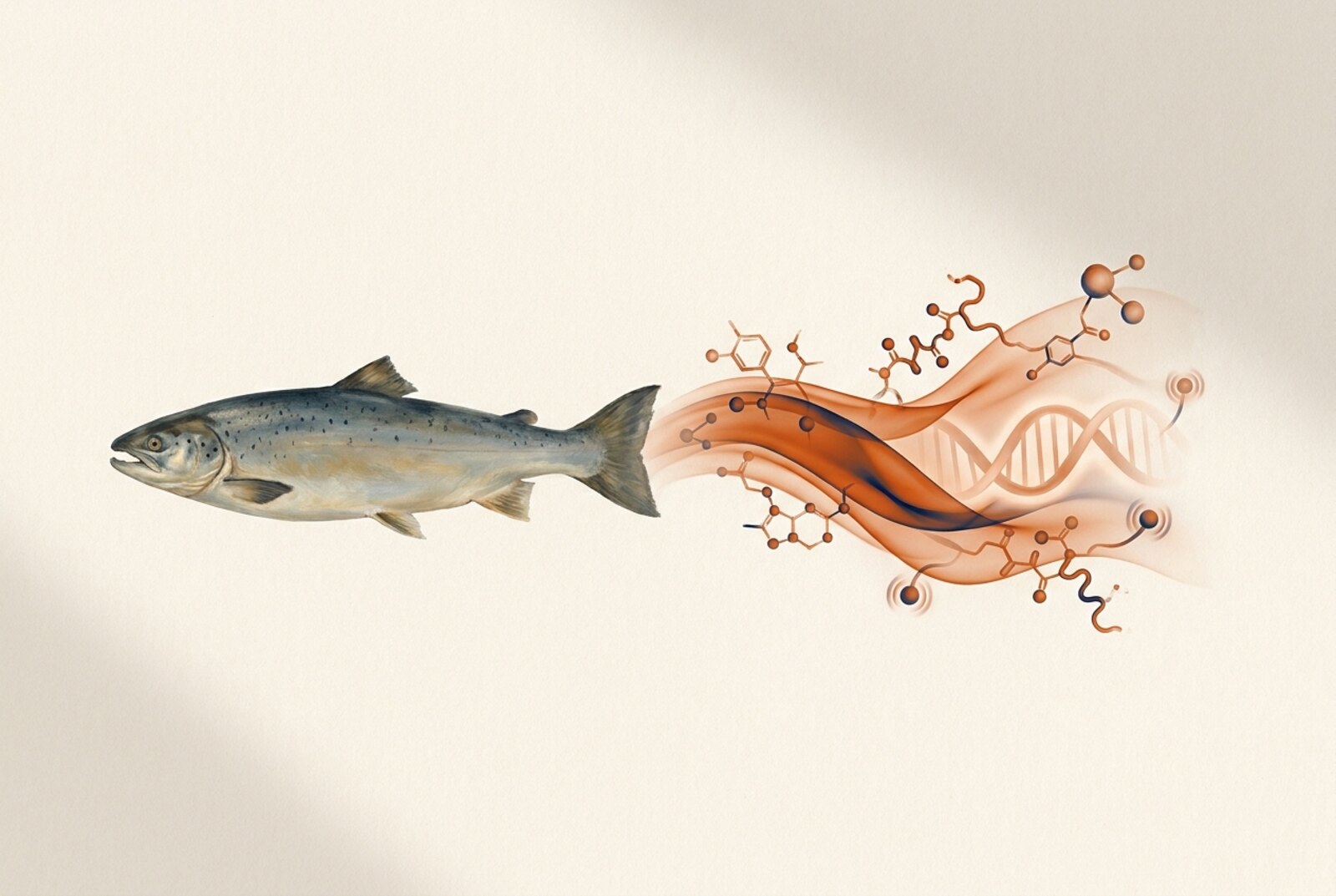 An Atlantic salmon on the left with luminous ember molecular peptide chains, a DNA helix, and glowing receptor nodes flowing from it — illustrating that one fish yields several different products all called salmon peptides
