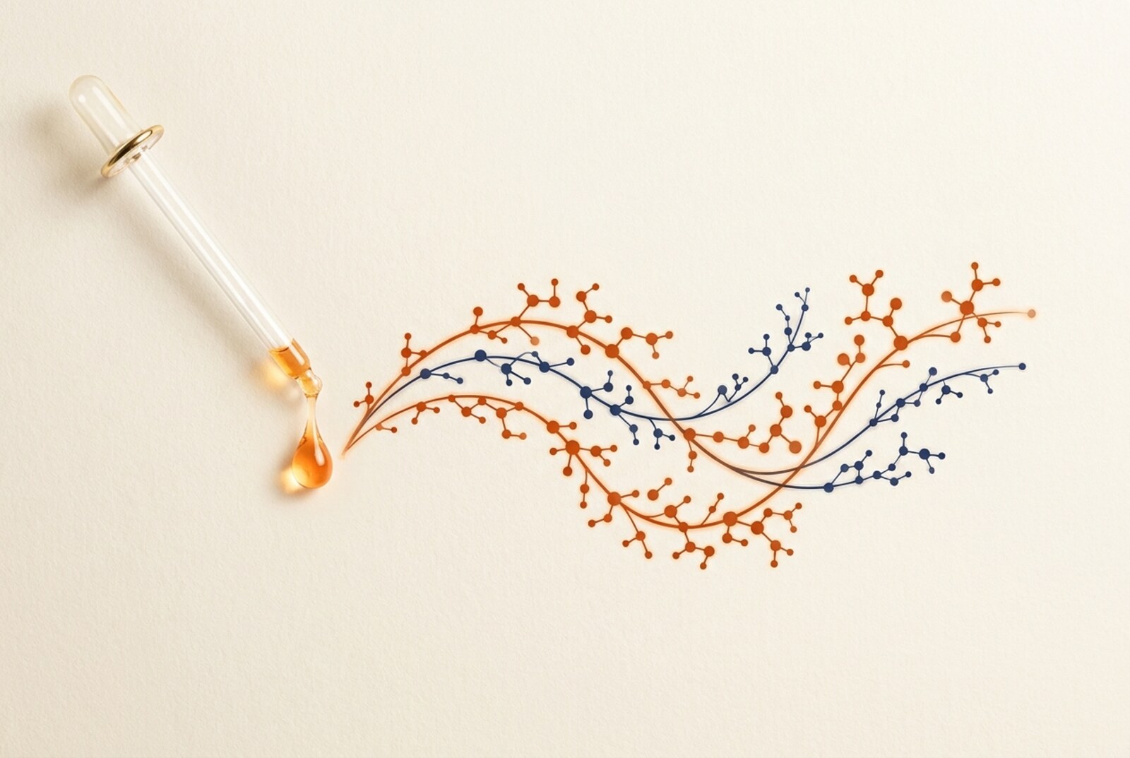 A glass dropper releasing an amber drop that branches into three glowing molecular peptide streams, illustrating triGLP salmon peptides and the GLP-1 pathway